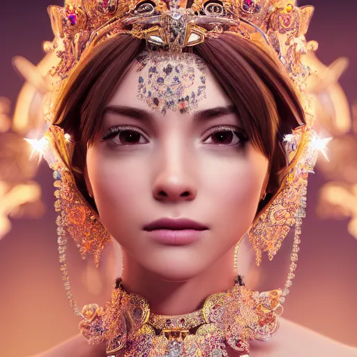 Image similar to portrait of pretty princess with perfect skin, glowing, ornate and intricate diamond jewelry, jaw dropping beauty, ornate and intricate backdrop, white accent lighting, hyper detailed, 4 k octane render