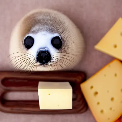 Prompt: a baby harp seal made from cheese, food photography