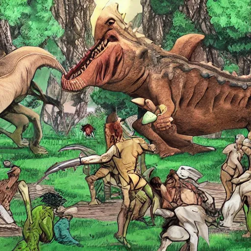 Image similar to A large dinosaur! fighting with several realistic detailed cavemen with proportioned bodies, next to the dinosaur are cavemen, the cavemen are armed with spears, the caveman are in a fighting stance, the cavemen are wearing animal furs, one caveman is stabbing the dinosaur with his spear, one caveman is cowering in fear, coarse canvas, visible brushstrokes, intricate, extremely detailed painting by William Turner (and by Greg Rutkowski)