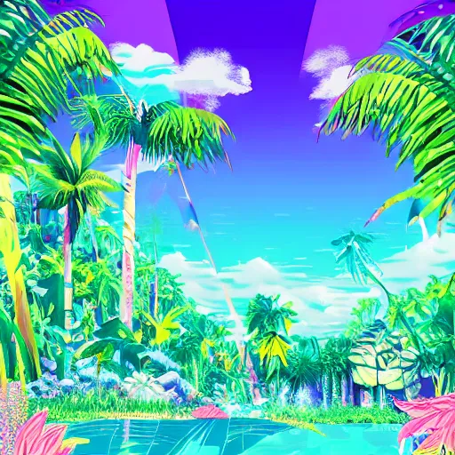 Prompt: vaporwave jungle on nebula beach