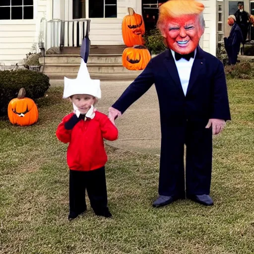 Image similar to tiny donald trump going trick or treating with joe biden, award winning photo