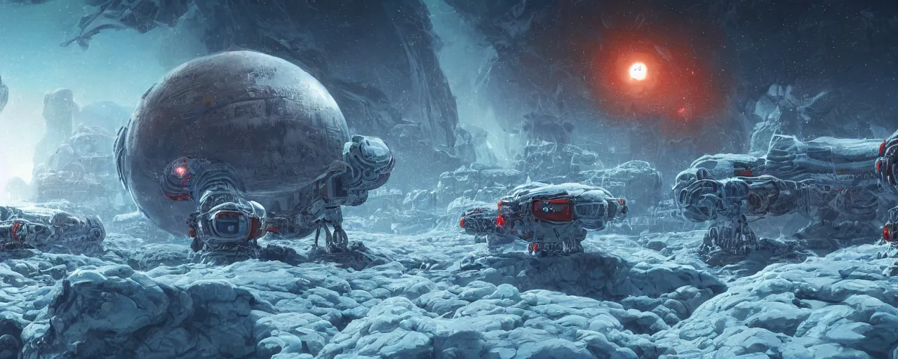 Prompt: outer planet covered with ice, mining robots, art by paul lehr, cinematic, detailed, epic, widescreen, opening, establishing, matte painting, photorealistic, realistic textures, octane render