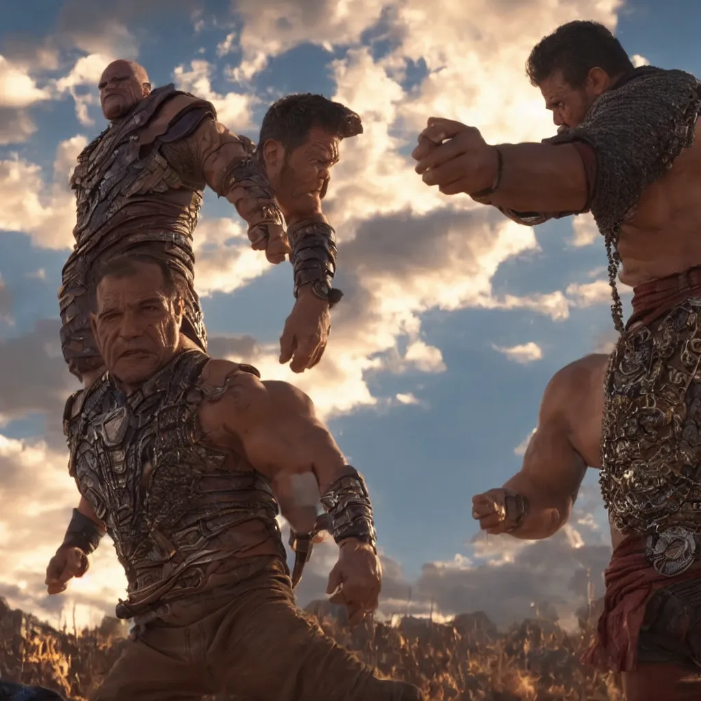 Prompt: Tuco Salamanca facing off against Thanos, epic 4K cinematic shot