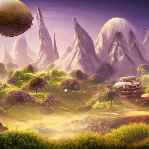 Prompt: environment concept art alien residential neighborhood on planet with craters and mountains and strange plants unreal engine magical realism colorful photo realistic