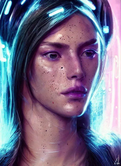 Image similar to an attractive caucasian female humanoid with freckles, cyber neon lighting, futurism, intricate futuristic jewelry accessories, cyberpunk high fashion, profile posing, hyper photorealistic, crispy quality, digital photography, trending in artstation, trending in pinterest, cinematic, 4 k ultra hd, art by pascal blanche, art by greg rutkowski,