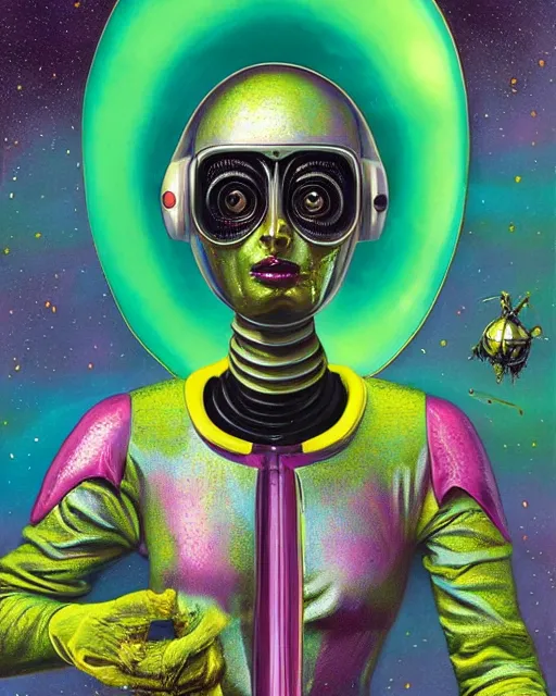 Prompt: portrait, headshot, pulp illustration by Laurie Lipton, of beautiful lady alien extraterrestrial with iridescent faceted bug eyes, standing in front of a crashed spacecraft, yellow feathered antennae coming out of her head, dark green and yellow mottled skin, sexy skintight pink and silver spacesuit, standing in front of a spacecraft near a lake, scifi, futuristic, realistic, hyperdetailed, chiaroscuro, concept art, art by gil elvgren, by Robert McGinnis