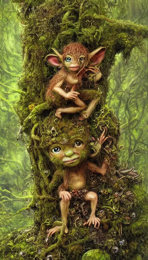 Prompt: beautiful highly detailed painting of a tiny forest goblin made of moss and wood, with amber eyes, perched on a mossy branch, by brian froud, jb monge, fantasy, folklore, very detailed, high quality
