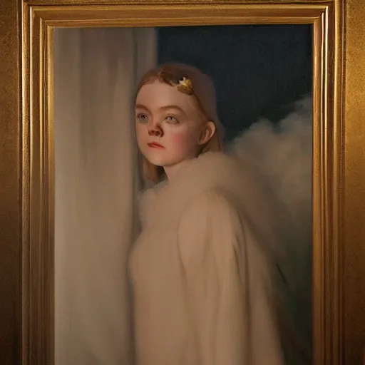 Prompt: Elle Fanning at night, stormy weather, extremely detailed masterpiece, oil on canvas, Roger Deakin’s cinematography, by Norman Rockwell,