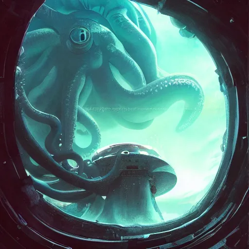 Image similar to The giant octopus monster through the spaceship window, wide shot, broad detail, by Greg Rutkowski