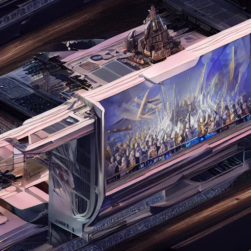 Image similar to sci-fi motherboard structure on the coronation of napoleon painting and digital billboard in the middle, unreal engine 5, keyshot, octane, artstation trending, ultra high detail, ultra realistic, cinematic, 8k, 16k, in style of zaha hadid, in style of nanospace Michael Menzelincev, in style of Lee SOUDER, colors in style of the Blade Runner 2049, in plastic, dark, tilt shift,