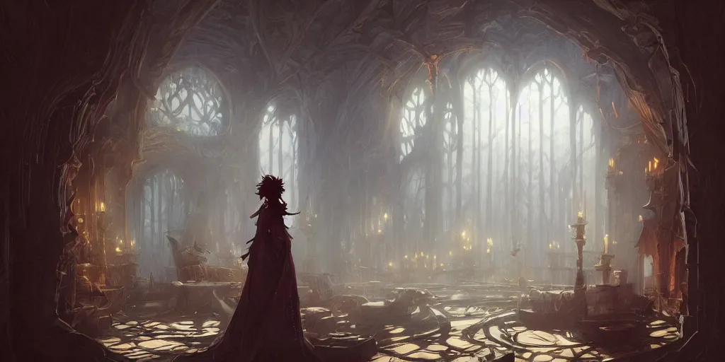 Image similar to a room in a dark castle, stephen bliss, unreal engine, fantasy art by greg rutkowski, loish, rhads, ferdinand knab, makoto shinkai and lois van baarle, ilya kuvshinov, rossdraws, tom bagshaw, alphonse mucha, global illumination, radiant light, detailed and intricate environment