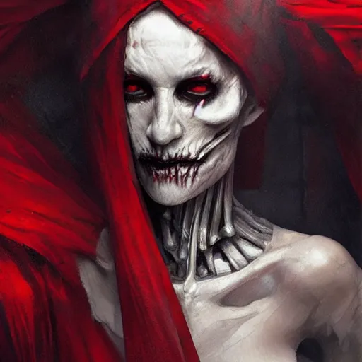 Image similar to a beautiful portrait of an ancient elderly necromancer queen, embers, skeletal, red-fabric, red-eyes, by Greg Rutkowski and Raymond Swanland, Trending on Artstation, ultra realistic digital art