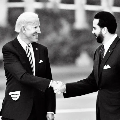 Prompt: joe biden shaking hand of osama bin laden, ultra realistic, canon 3 5 mm photography