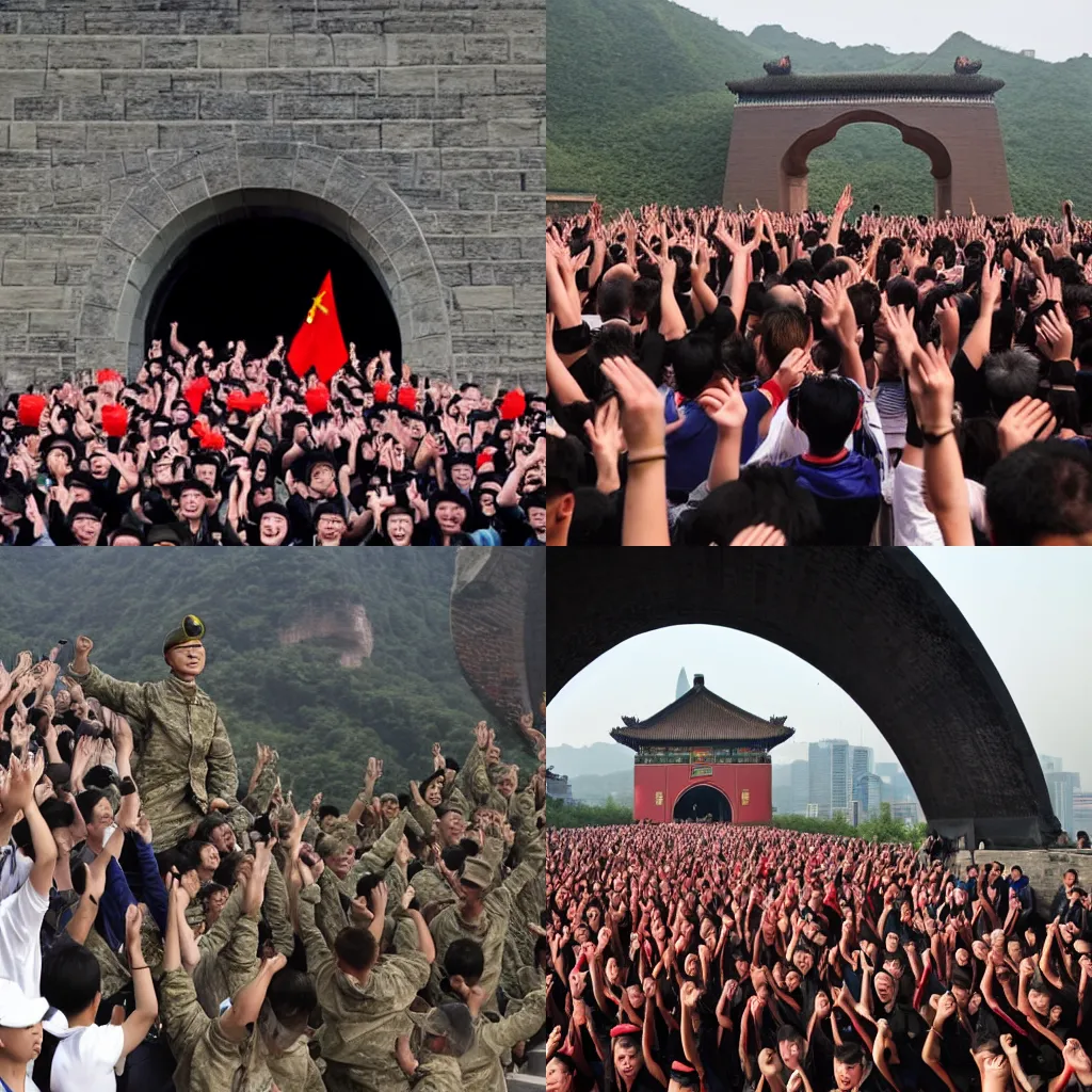 Prompt: people cheering as soldiers go on top of the arch in china