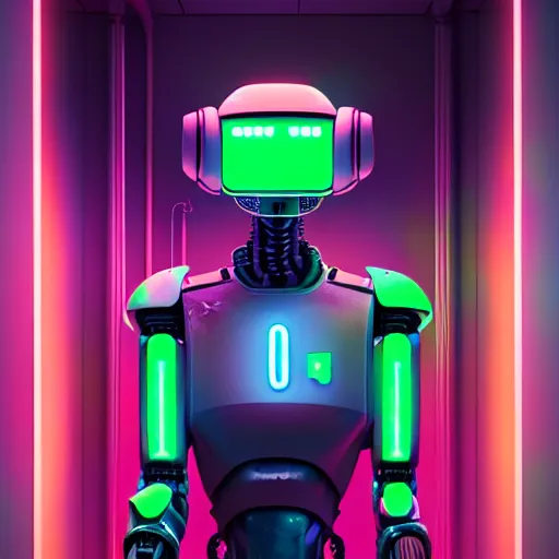 Image similar to highly detailed surreal neon robot android in the data center. robocop, scream, stephen bliss, unreal engine, greg rutkowski, loish, rhads, beeple, makoto shinkai and lois van baarle, ilya kuvshinov, rossdraws, tom bagshaw, global illumination, detailed and intricate environment