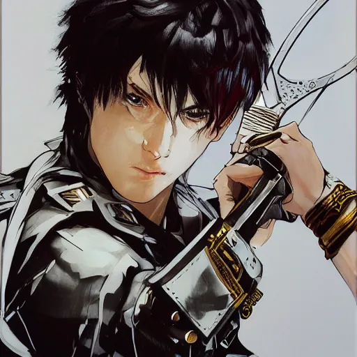 Image similar to portrait of a young white hero using his right arm to hold his sword covering his eye by yoji shinkawa, high quality, extra details, realism, ornate, colored, golden chain, blood, white skin, short hair, brown eyes, vivid, sunlight, headband, eyepatch, white american soldier, painting, cybernetics, military