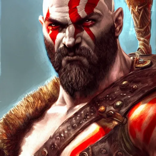 Prompt: The God of War Kratos, closeup character portrait art by Donato Giancola, Craig Mullins, digital art, trending on artstation