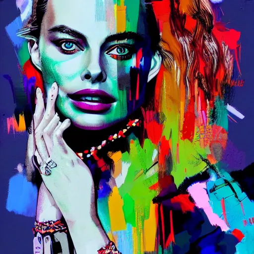 Prompt: colorful sketch, ultra detailed, fashion, magic, beautiful woman, appearance of margot robbie mixed with appearance of natalie portman, surreal, in style of jean - michel basquiat, trending on artstation