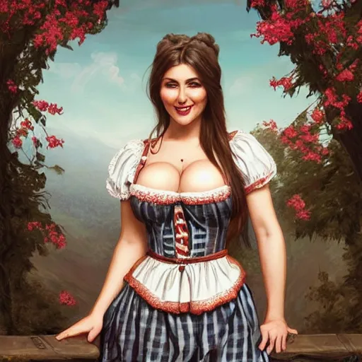 Image similar to portrait of Lucy Pinder in a dirndl, looking at camera, D&D, intricate, elegant, stylish, cute smile, mouth slightly open, fantasy, extremely detailed, digital painting, artstation, concept art, smooth, sharp focus, illustration, stunning lighting, art by artgerm and greg rutkowski and alphonse mucha and simon stalenhag.