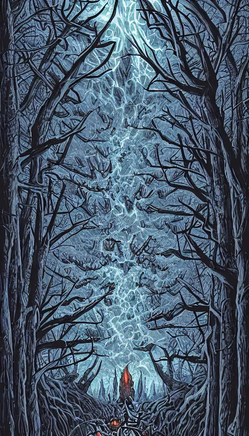 Prompt: a storm vortex made of many demonic eyes and teeth over a forest, by dan mumford