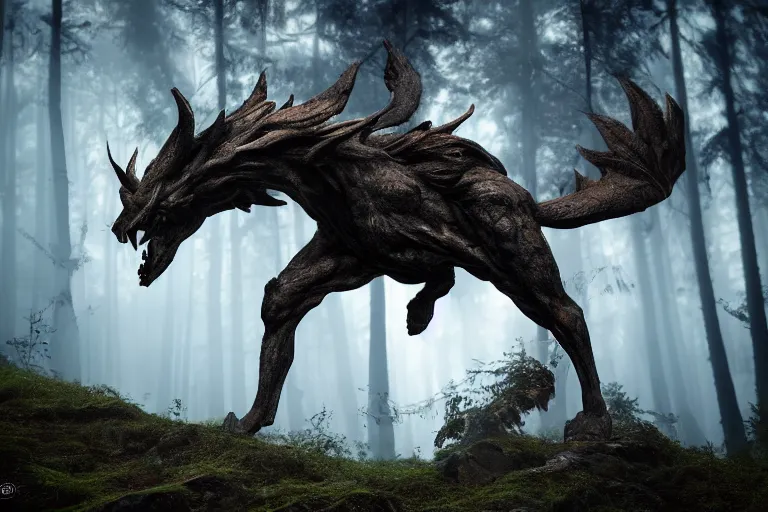 Prompt: mythological creature standing in a swedish forest very low angle photograph trending on artstation