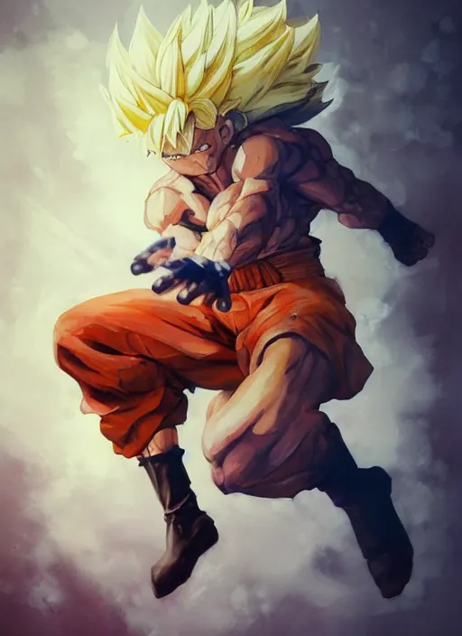 Image similar to semi reallistic gouache gesture painting, by yoshitaka amano, by ruan jia, by Conrad roset, by dofus online artists, detailed anime 3d render of goku super sayian,goku, portrait, cgsociety, artstation, rococo mechanical, Digital reality, sf5 ink style, dieselpunk atmosphere, gesture drawn