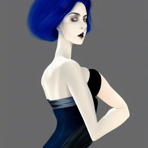 Prompt: portrait of a classy pale goth woman with elegant curvy multilayered blue-white-black silk sheath dress, thin waist, friendly, photorealistic, sublime, 16k, smooth, sharp focus, cgsociety, trending on ArtStation, volumetric lighting