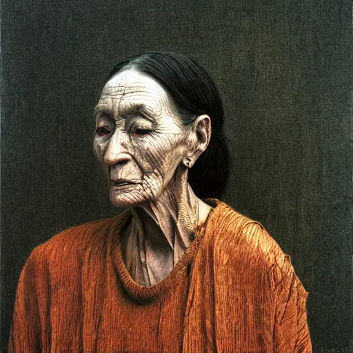 Prompt: portrait of 110 years old girl, painting by Beksinski