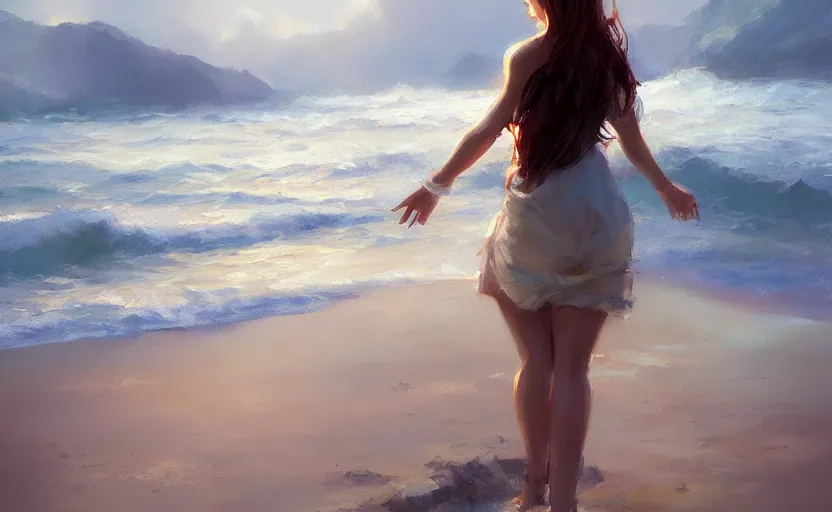 Prompt: Expressive painting of one girl standing on the beach, beautiful lighting, digital art by Krenz Cushart, trending on artstation