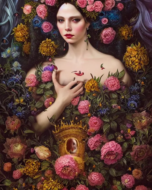 Image similar to portrait of the queen of the underworld, surrounded by flowers by karol bak, james jean, tom bagshaw, rococo, trending on artstation, cinematic lighting, hyper realism, octane render, 8 k, hyper detailed.