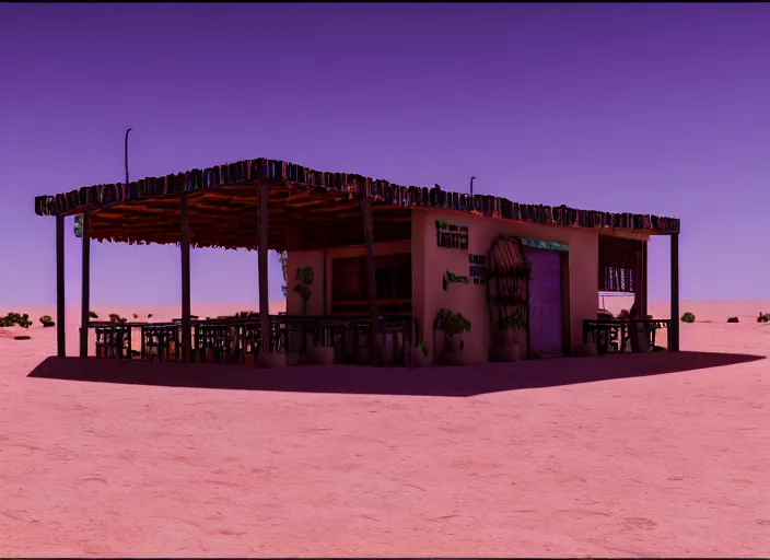 Prompt: realistic exterior photo of a mexican restaurant, vaporwave, in a flat barren desert. sandstorm, 15mm. Very detailed 8k. Sharp. Cinematic post-processing. Unreal engine. Nanite. Ray tracing. Parallax. Tessellation