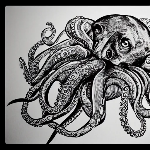 Prompt: a hyper-detailed pen drawing of an octopus on a dog on top of a gorilla