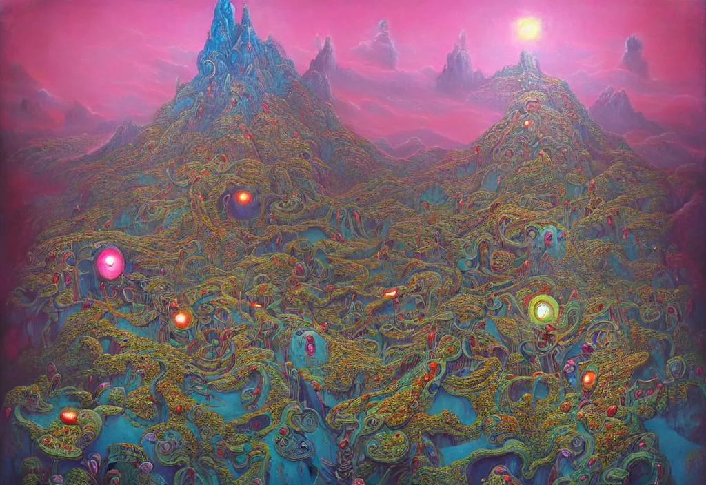 Prompt: beautiful ultradetailed painting of candyland with a cybernetic symbiosis general dynamics gatling gun melded with a professional video camera with glitter lenses made by beksinski, pinterest, google, etsy, artstation, beautiful ultradetailed painting, focal plane near, focal plane far, unreal engine