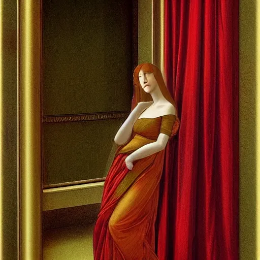 Image similar to an elegant girl in a liminal abandoned room, red and gold, old polaroid by botticelli, by moebius, digital painting, jugendstil, art noveau, strong lights, flat colors, pastel colors,