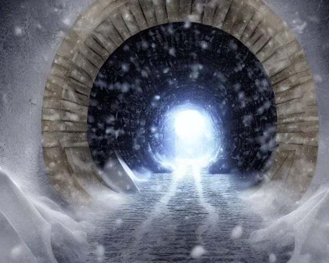 Prompt: A Portal in a snowing tunnel, napoleonic era, digital art, highly detailed, trending on artstation, tense mood