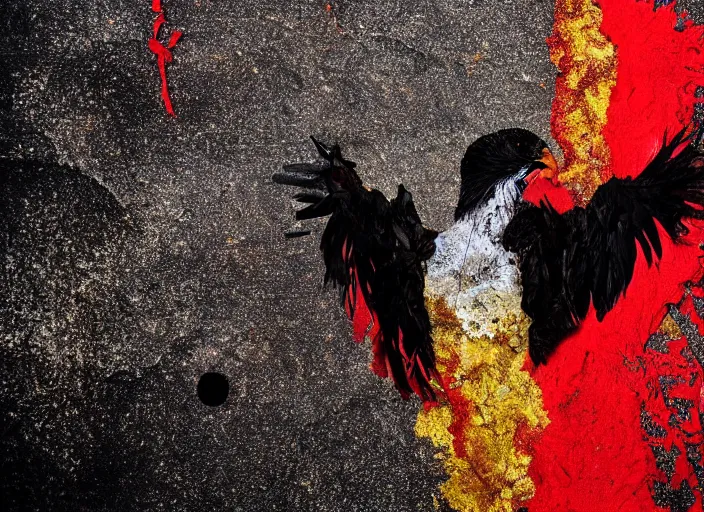 Image similar to pieces of a ripped flag!!!, chicken feathers and saw dust molten and restructured into a beautiful!!!, abstract!!!!!!! sculpture of an eagle, black backdrop, high contrast, award winning photo, dslr, high quality