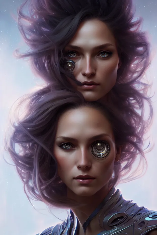 Image similar to futuristic woman portrait, sci-fi, amber eyes, face, long hair, fantasy, intricate, elegant, highly detailed, digital painting, artstation, concept art, smooth, sharp focus, illustration, art by artgerm and greg rutkowski and alphonse mucha