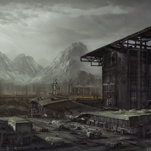 Prompt: highly detailed matte painting of a huge derelict starbase, industrial building in background, dark background, mountains in background, half-life, dark smoke in distance, realism, medium details, blurry, ArtStation, unreal, art by zhu liu WarHammer 40k by Jose Daniel Cabrera Pena and Leonid Kozienko, concept art by Tooth Wu, octane render, cinematic, hyper realism, octane render, 8k, iridescent accents. vibrant, teal and gold blue red dark noir colour scheme