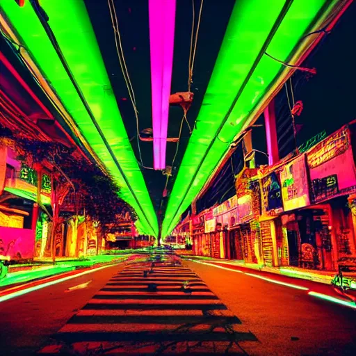 Prompt: neon streets of bangalore, 4 k, award winning photo, cyberpunk style, intricate environment, hyper realistic