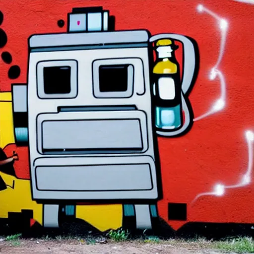 Prompt: a graffiti on a wall illustrating a robot drinking beer, award-winning