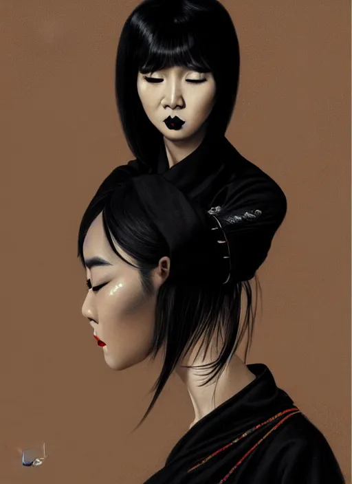 Image similar to portrait of an asian woman with a crooked nose and a confident expression, 1 9 6 0 s, black clothes, goth, punk, brightly coloured hair, funk, intricate, elegant, highly detailed, digital painting, artstation, concept art, smooth, sharp focus, illustration, art by wlop, mars ravelo and greg rutkowski