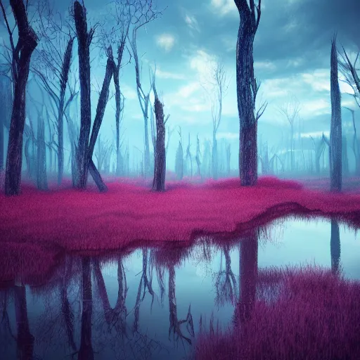 Prompt: beautiful landscape of desolate lollipop swamps, trending on artstation, octane, moody lighting, vibrant colors, ultrarealism