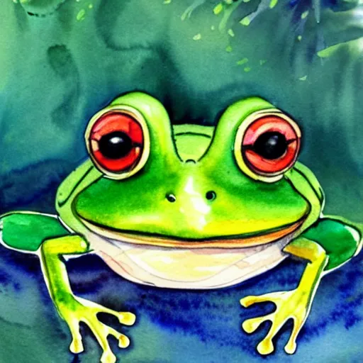 Prompt: beautiful watercolor painting of a frog wearing a crown in swamp