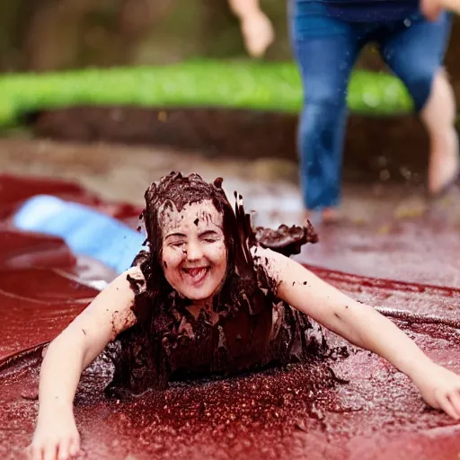 Image similar to person sliding through chocolate pudding head first, slip n slide, professional photo, funny