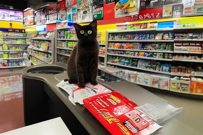 Prompt: cat on the counter in 7 - eleven next to a pack of cigarettes wide angle lens