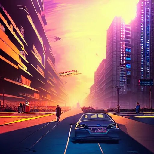 Image similar to mumbai in the future, city streets, golden hour, distopian fantasy, photorealistic artwork trending on pixiv