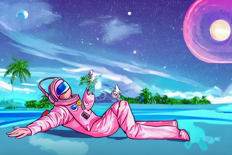 Image similar to an astronaut lounging in a tropical resort in space in a vaporwave style