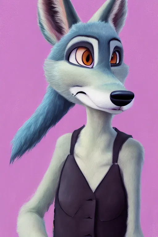 Image similar to oil painting of anthromorphic female wolf, in style of zootopia, female fursona, furry, furaffinity, 4 k, deviantart, furry art, fursona art, wearing black business suit, business suit, wolf fursona, female, smug expression,