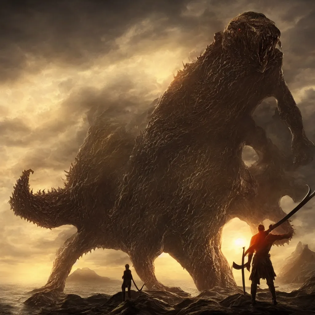 Prompt: a man holding a sword looking out over a cliff while a large lovecraftian monster looms over him darkening the setting sun behind him , hyper realistic ,gloomy, horror, scary, nightmare