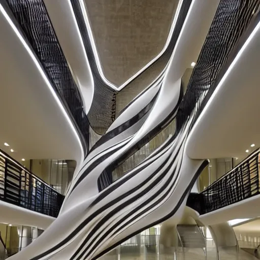 Prompt: extremely elegant detailed stunning beautiful futuristic museum vertical lobby interior by Zaha Hadid